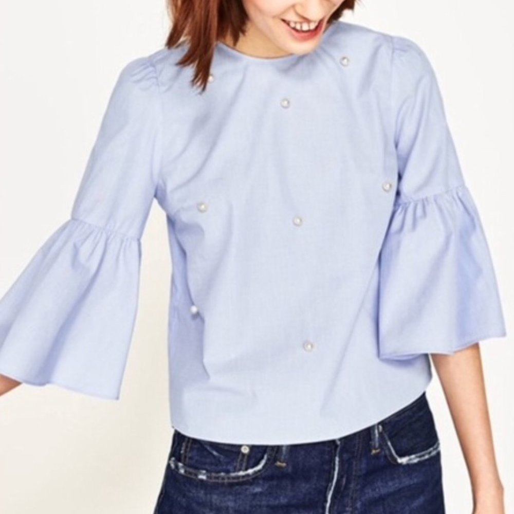 Zara Bell Sleeve Pearl Bead Blouse